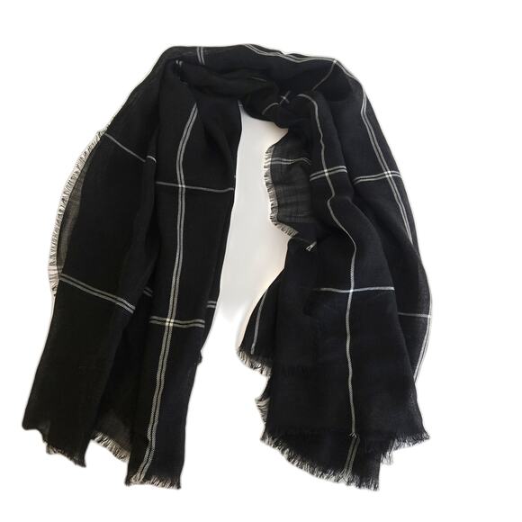 New Madewell Black Windowpane 100% Wool Scarf - Picture 2 of 8